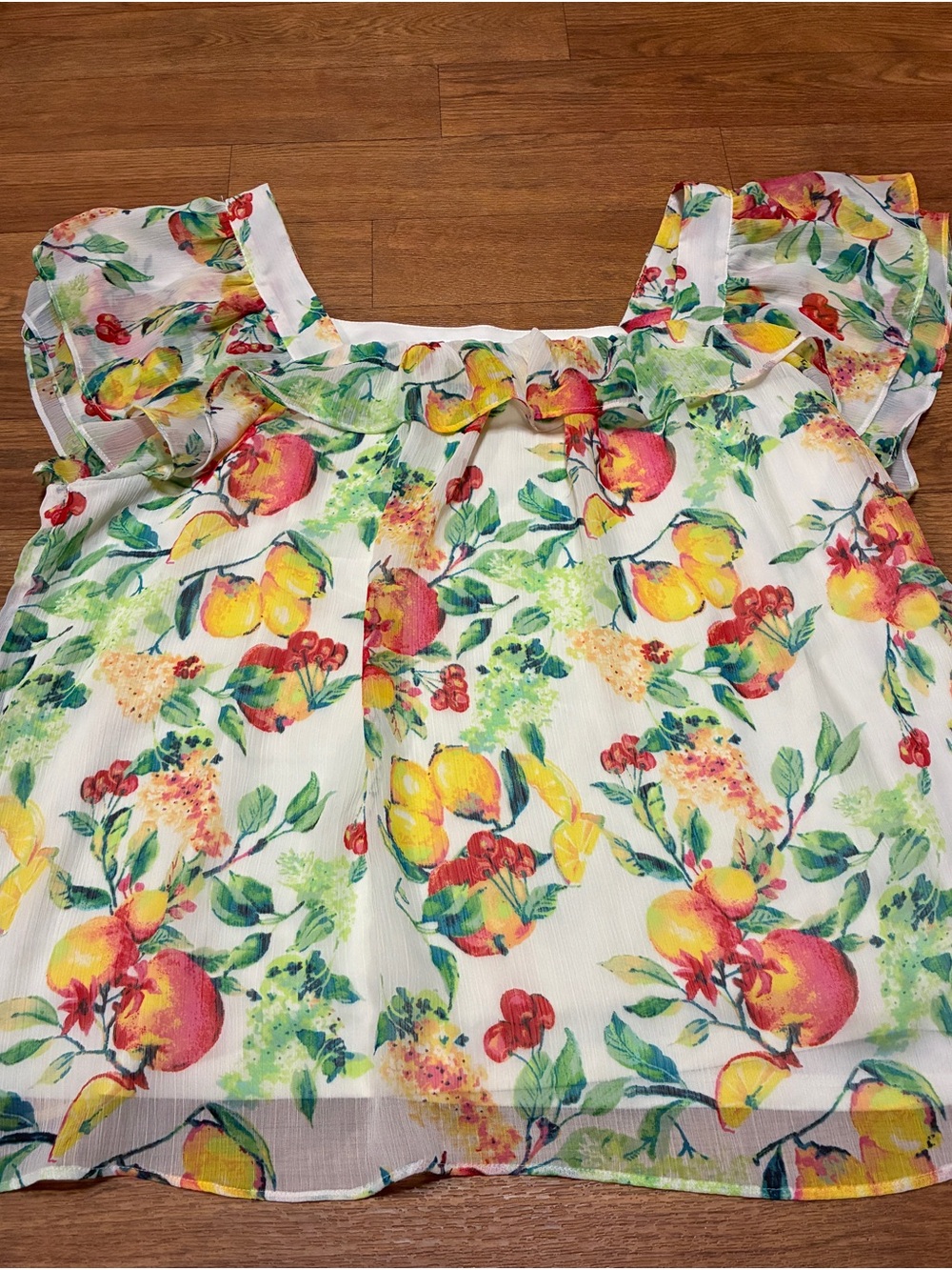 LC Lauren Conrad White Blouse with Yellow, Red and Green Floral Print Size Large
